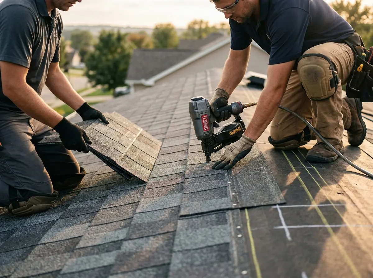 Professional roofer working on a residential roof in Bethel